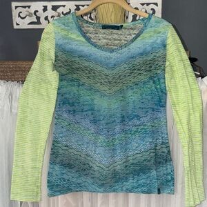Prana Blue and Green Long Sleeve V-Neck Top